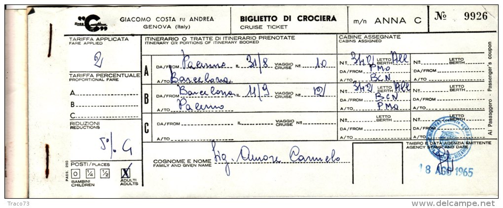 MOTOVAVE  ANNA COSTA  /  Biglietto per Crociera Soggiorno da 15 giorni ( Palermo- Barcellona)  - 1965