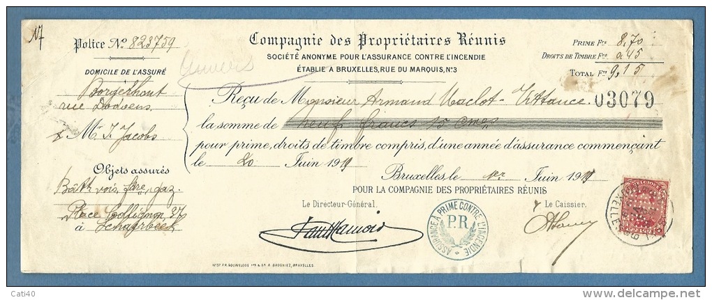 BELGIO   BELGIQUE COMPAGNIE DES PROPRIETIRES REUNIS CON VALORI POSTALI  PERFINS COME FISCALI - 1911 - Volantini Postali