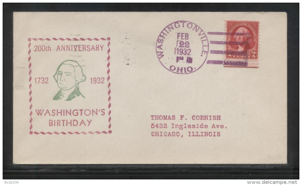 USA 1932 GEORGE WASHINGTON BICENTENNIAL COVER WASHINGTONVILLE OHIO PRESIDENT AMERICAN INDEPENDENCE - George Washington