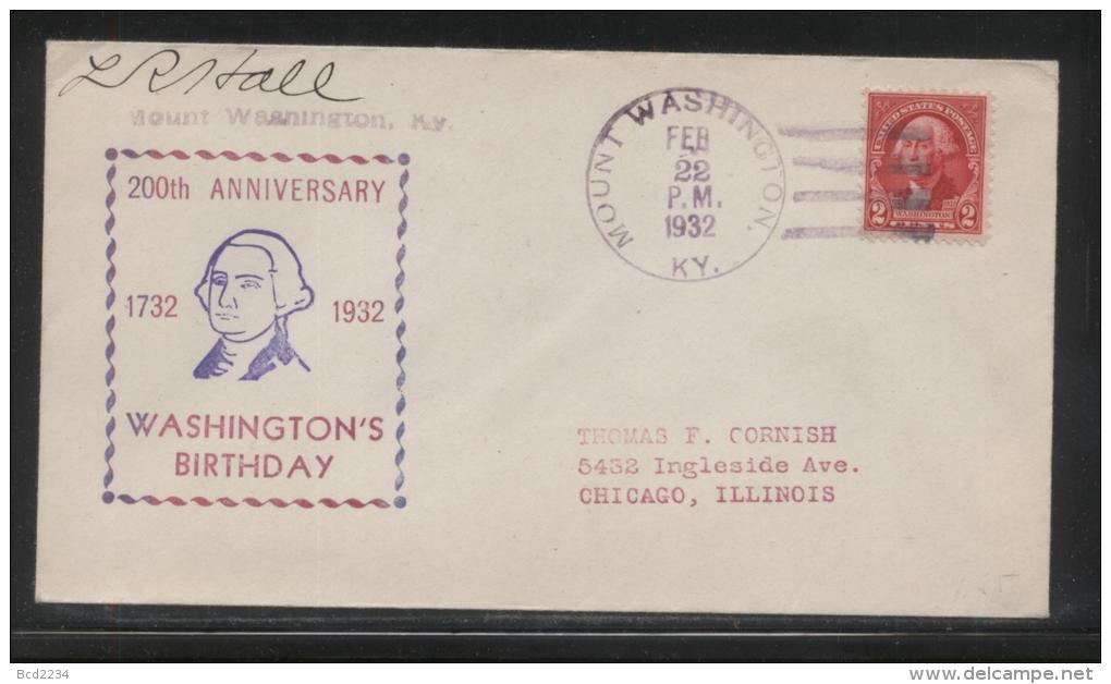 USA 1932 GEORGE WASHINGTON BICENTENNIAL COVER MOUNT WASHINGTON KENTUCKY PRESIDENT AMERICAN INDEPENDENCE - George Washington