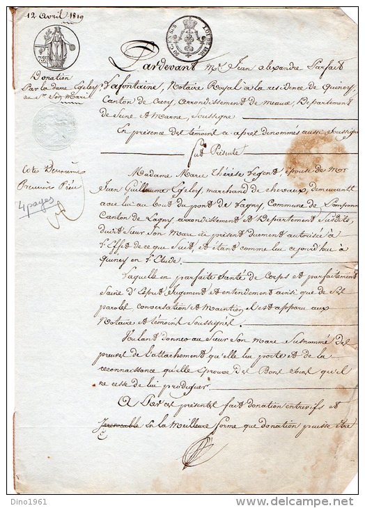 VP869 - POMPONNE 1815 - Acte Donation Mme EGELEY à Son Mari - Manuskripte