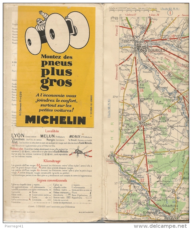 CARTE-ROUTIERE-MICHELIN-N °69-1929-N°2925-46-BOURGES-MACON-PAS DECHIREE- TB E - Cartes Routières
