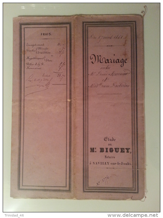 NAVILLY SUR LE DOUBS 71 ( CONTRAT DE MARIAGE ENTRE MR MONNIER ET MME DESBORDES )  VIEUX MANUSCRIT DE 1862 - Manuscrits