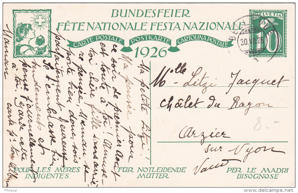 Carte De La Fête Nationale Suisse 1926 - Oblitérée Bellevue Le 30.VII.26 - Bellevue