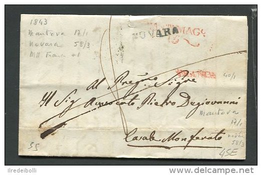 1843   RARA  PREFILATELICA   DA  MANTOVA   X CASALE MONFERRATO  CON TRANSITO NOVARA  INTERESSANTE  DOCUMENTO - 1. ...-1850 Prephilately