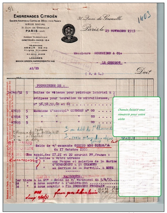 Document Du 23/11/1933 Engrenages CITROEN - Boites De Vitesse Tourelles De Mitrailleuses - 1900 – 1949