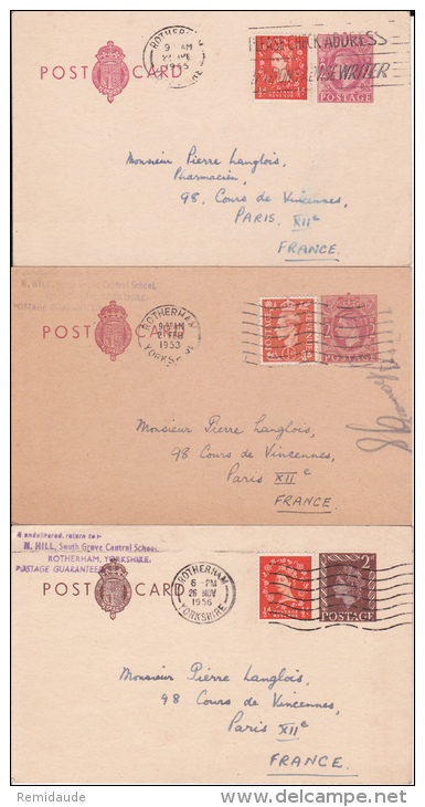GB - 1953/56 - 3 CARTES ENTIER POSTAL De ROTHERHAM Pour PARIS - Postwaardestukken