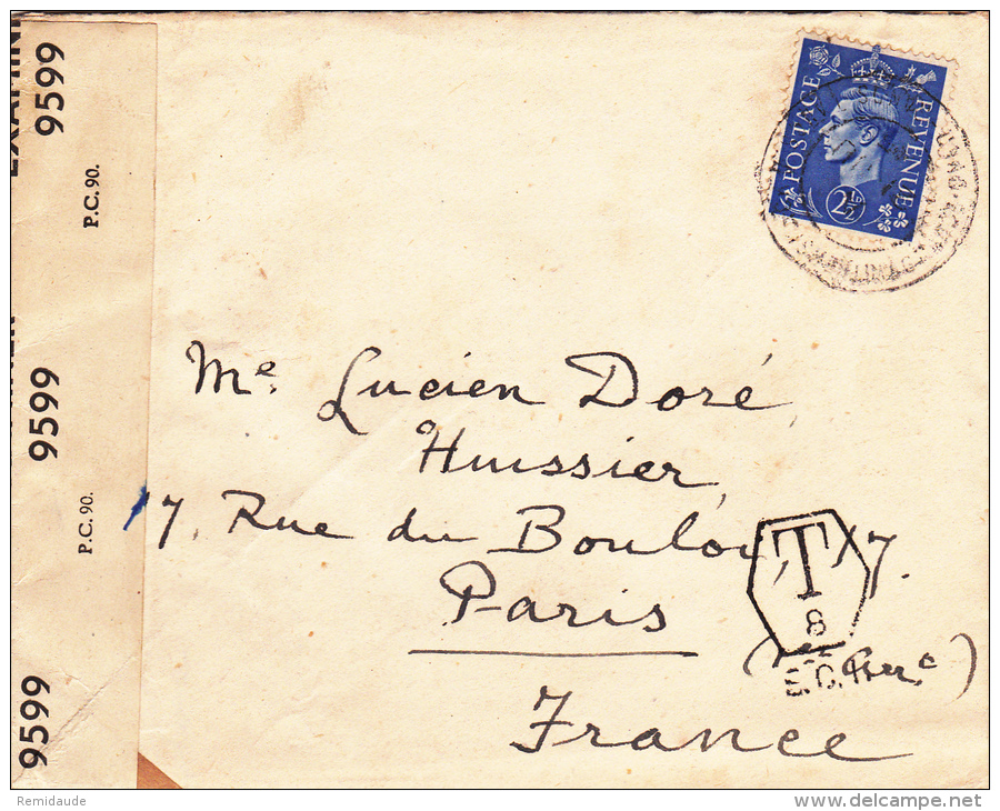 GB - 1945 - ENVELOPPE Avec CENSURE Pour PARIS Avec TAXE De 8 C - Storia Postale