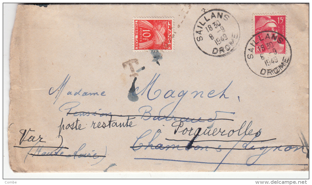 1943 LETTRE , DROME SALLANS Pour CHAMBON-s-LIGNON, Taxe 10F 1 TIMBRE/ 4731 - 1859-1959 Lettres & Documents