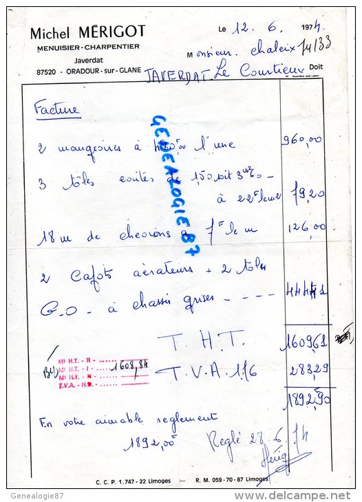 87 - JAVERDAT - MICHEL BERIGOT  MENUISIER CHARPENTIER - ORADOUR SUR GLANE   1974 - Andere & Zonder Classificatie