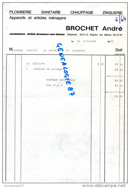 87 - JAVERDAT - FACTURE PLOMBERIE CHAUFFAGE ZINGUERIE - ANDRE BROCHET - ORADOUR SUR GLANE   1976 - Other & Unclassified