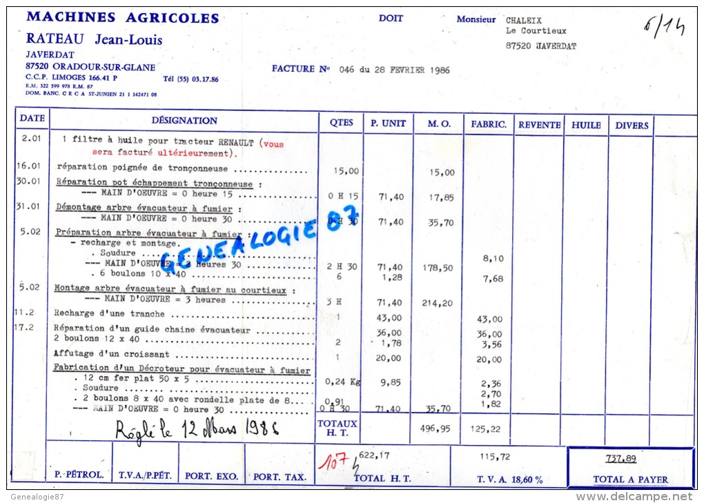 87 - JAVERDAT - FACTURE JEAN LOUIS RATEAU -- MACHINES AGRICOLES - ORADOUR SUR GLANE   1986 - Andere & Zonder Classificatie