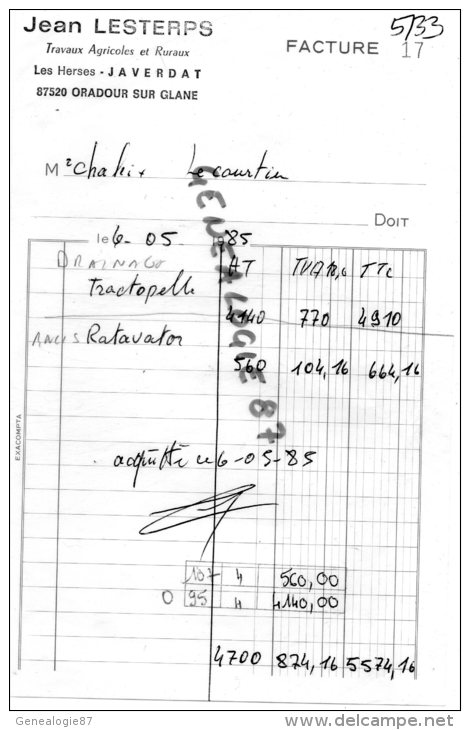 87 - JAVERDAT - FACTURE JEAN LESTERPS - TRAVAUX AGRICOLES - LES HERSES - ORADOUR SUR GLANE  1985 - Other & Unclassified