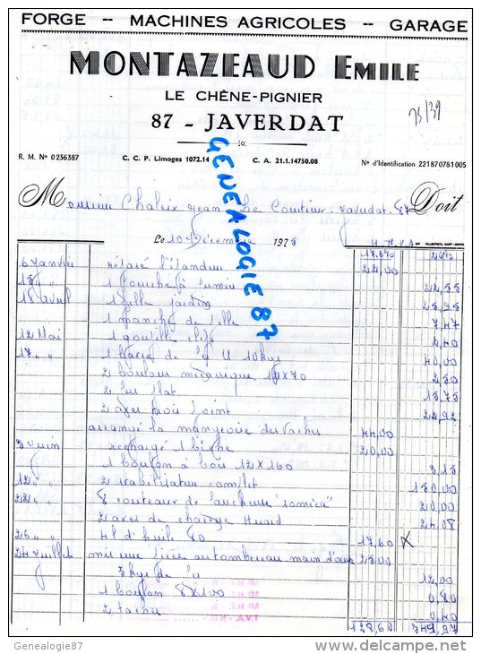 87 - JAVERDAT - FACTURE EMILE MONTAZEAUD - LE CHENE PIGNIER * FORGE FOERGERON- GARAGE - 1975 - Other & Unclassified