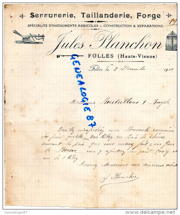 87 -  FOLLES -  FACTURE JULES PLANCHON - SERRURRERIE  TAILLANDERIE FORGE- FORGERON- 1912 - Petits Métiers