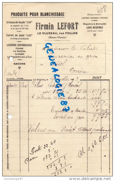 87 -  FOLLES -  LE CLUZEAU - FACTURE FIRMIN LEFORT - PRODUITS POUR BLANCHISSAGE - JAVEL " LUX " LESSIVE-SAVON- 1923 - Petits Métiers