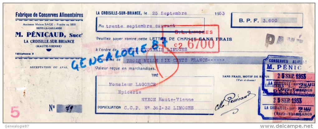 87 -  LA CROISILLE SUR BRIANCE - TRAITE COMMERCE- M. PENICAUD ANC. MAISON SAGE BRIVE- FABRIQUE CONSERVES 1953 - Autres & Non Classés