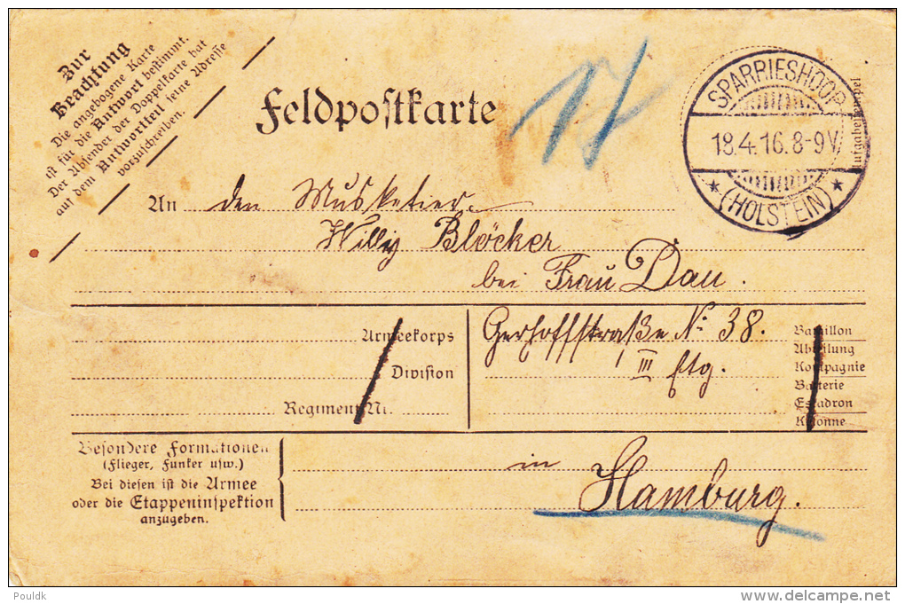 Feldpost WW1: Feldpostcard With Unused Reply Card From Unknown Mil.unit Dtd Sparrieshoop (Holstein) 18.4.1916 Mailed To - Militaria