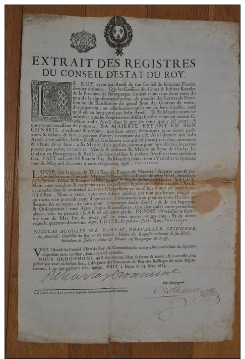 Bourgogne Affiche Signée Par Nicolas De Harlay  De Bonneuil Intendant 1685 - Historical Documents