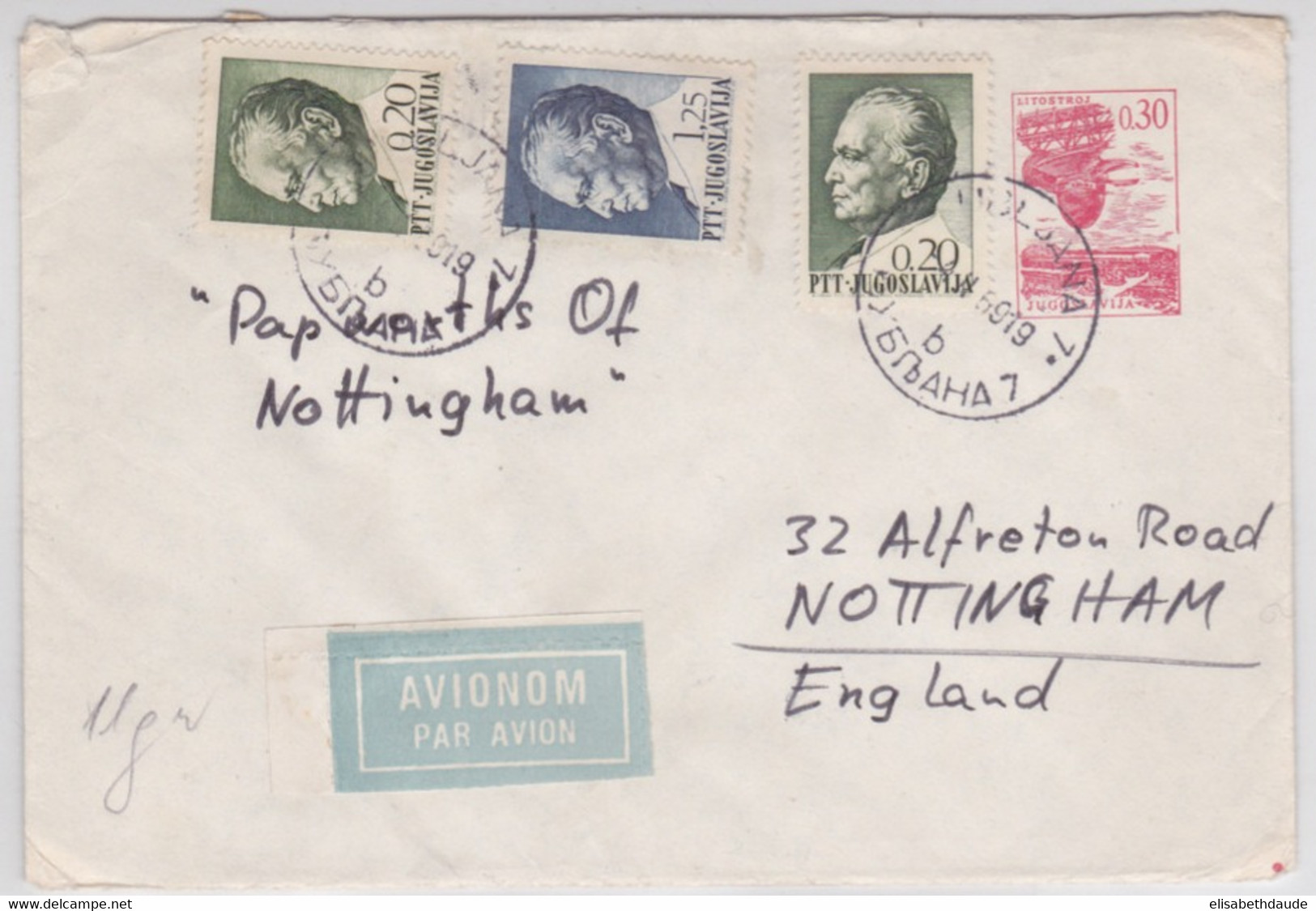 YOUGOSLAVIE - 1969 - ENVELOPPE ENTIER POSTAL Par AVION De LJUBLJANA (SLOVENIE) Pour NOTTINGHAM (GB) - Postal Stationery