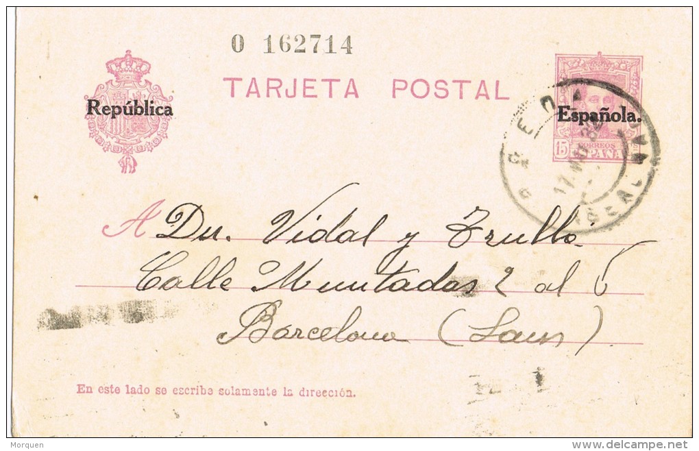 6688. Entero Postal BREDA (Gerona)  1932. Alfonso XIII Sobrecarga Republica - 1931-....