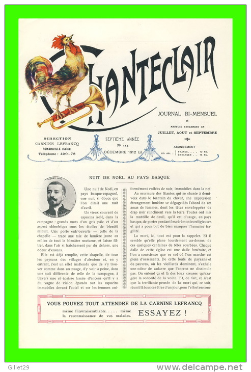 JOURNAL BI-MENSUEL CHANTECLAIR - No 114, DÉCEMBRE 1912 -(2) - NUIT DE NOEL AU PAYS BASQUE PAR PIERRE LOTI - DR. DELAUNAY - 1900 - 1949