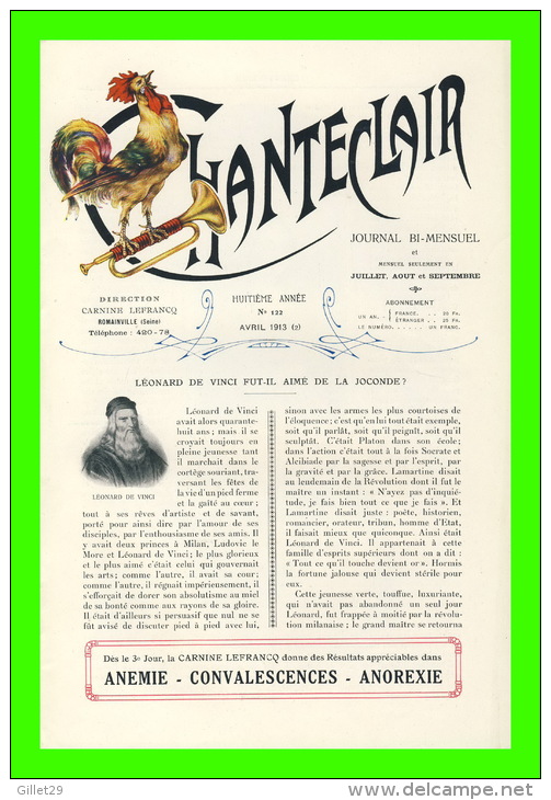 JOURNAL BI-MENSUEL CHANTECLAIR - No 122, AVRIL 1913 (2) - LÉONARD DE VINCI &amp; LA JODONDE ? - DR. A. PI Y SUNER - - 1900 - 1949