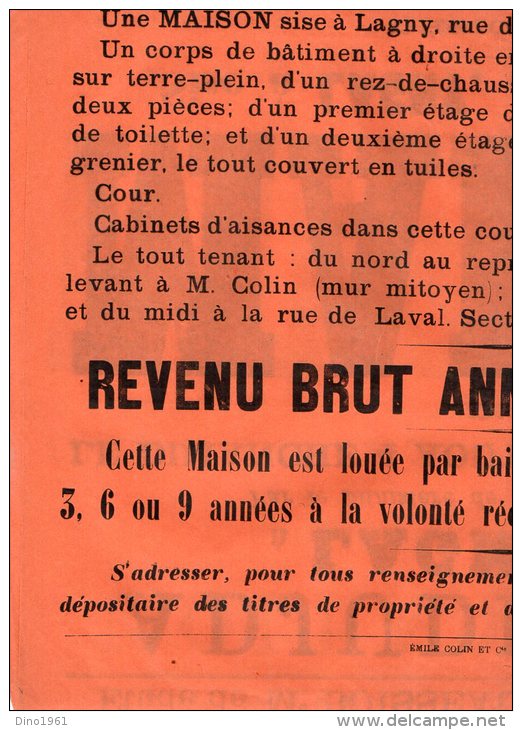 VP898 - LAGNY 1907 - étude Me BOISSEAU Vente D´une Maison à LAGNY Rue De Laval N° 7 - Afiches