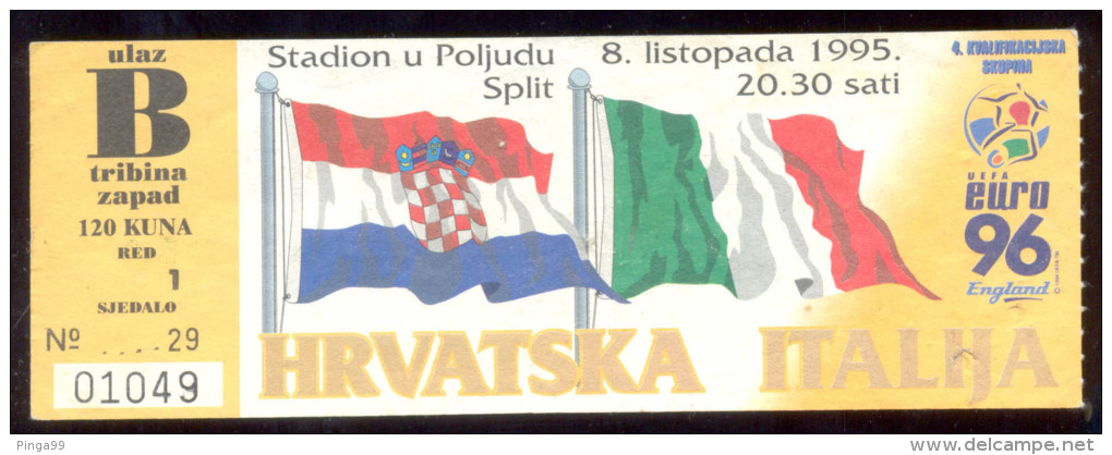 Football CROATIA  Vs ITALY  Ticket TRIBUNE WEST  08.10.1995.  UEFA EURO 1996. QUAL - Biglietti D'ingresso