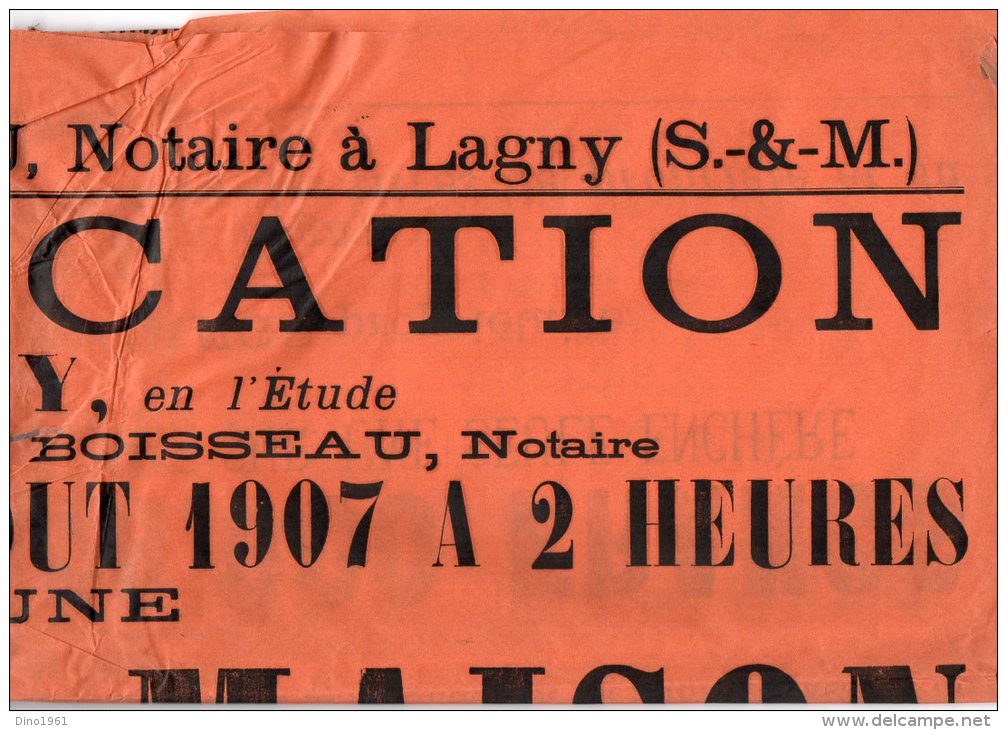 VP899 - LAGNY 1907 -  étude De Me BOISSEAU Vente D´une Maison à LAGNY Rue Saint / Denis N° 49 - Manifesti