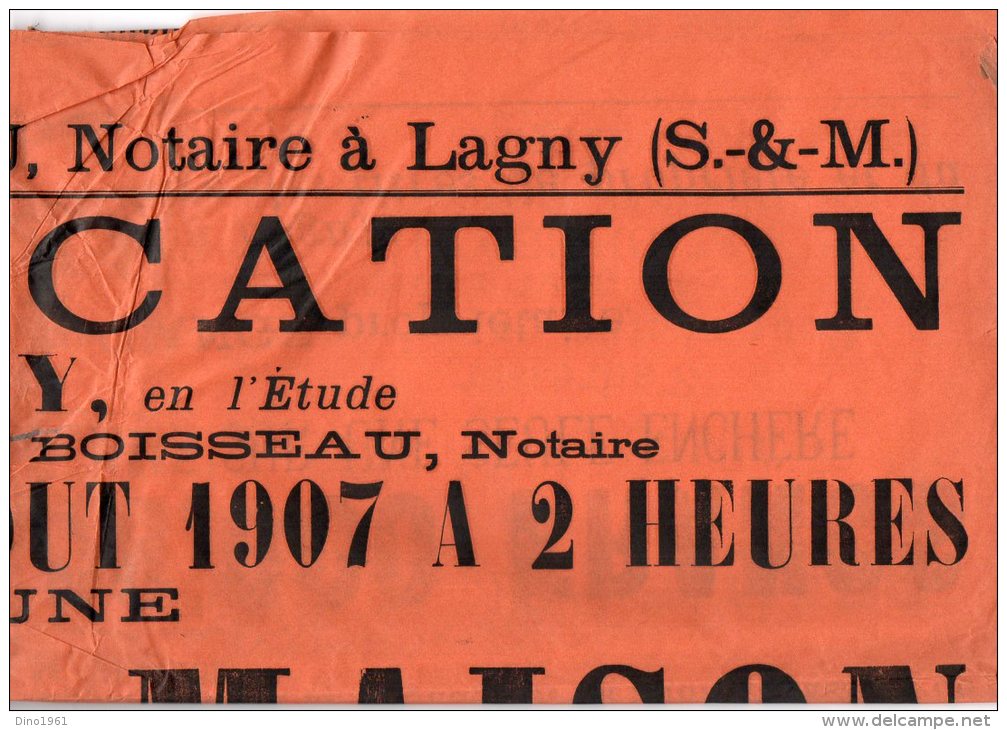 VP899 - LAGNY 1907 -  étude De Me BOISSEAU Vente D´une Maison à LAGNY Rue Saint / Denis N° 49 - Afiches