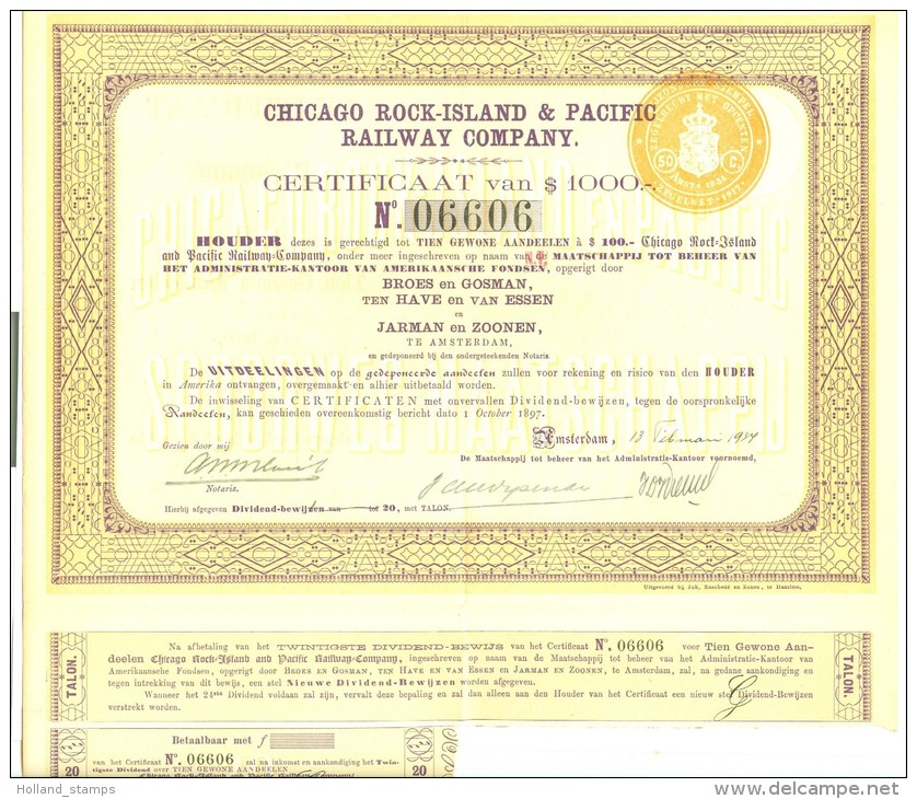 Chicago Rock-island & Pacific Railway Company CERTIFICATE Of US $ 1,000.00 AMSTERDAM 1934 - Trasporti