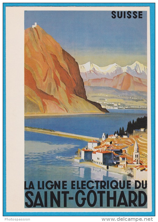Carte Postale - SBB CFF Ligne électrique Du Saint-Gothard (ancienne Affiche Publicitaire) Bissone - Bahn Railway Train - Autres & Non Classés