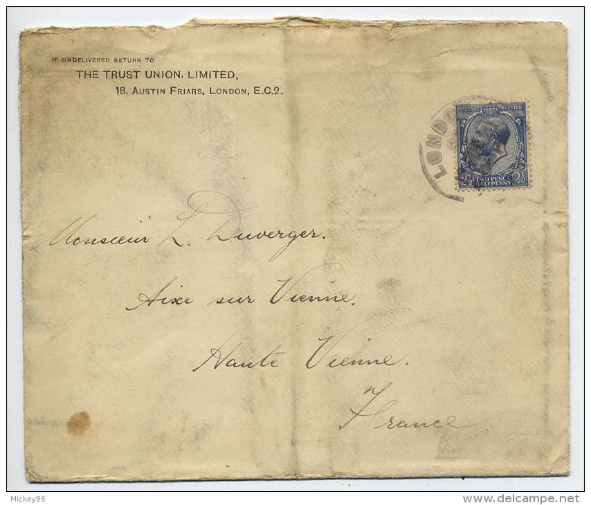 GB--Lettre De Londres Pour Aixe Sur Vienne-87 (France) N° 143 Seul Sur Lettre Personnalisée "The Trust Union,Limited "-- - Brieven En Documenten