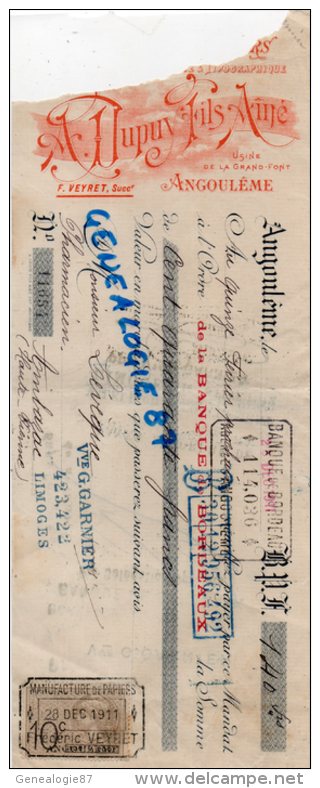 16 - ANGOULEME - TRAITE COMMERCE IMPRIMERIE A. DUPUY FILS AINE -USINE DE LA GRAND FONT - F. VEYRET -1911 - Druck & Papierwaren