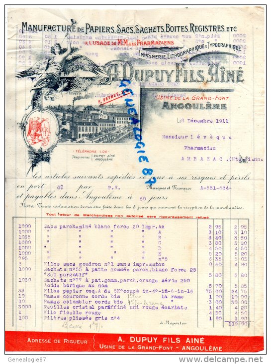 16 - ANGOULEME - FACTURE IMPRIMERIE A. DUPUY FILS AINE -USINE DE LA GRAND FONT - F. VEYRET -1911 - Imprenta & Papelería