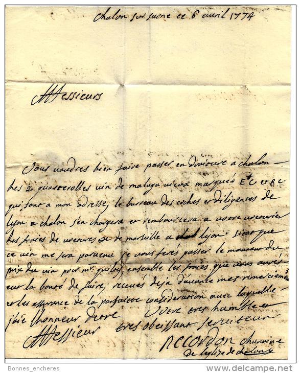 SUPERBE LETTRE 1774 CHANOINE RECORDON à CHALON S SAONE  Pour  MM. ROUX FRERES NEGOCIANTS MARSEILLE TB V. SCANS+ HIST. - Autres & Non Classés