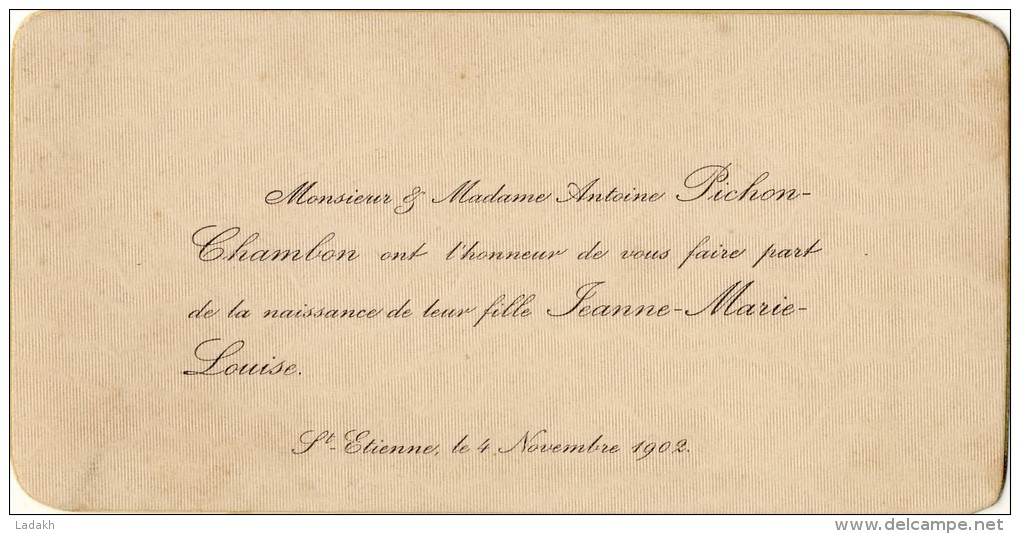 FAIRE-PART NAISSANCE 1902 # CARTONNETTE MOIREE DOREE SUR TRANCHE # JEANNE PICHON CHAMBON # ST ETIENNE - Naissance & Baptême