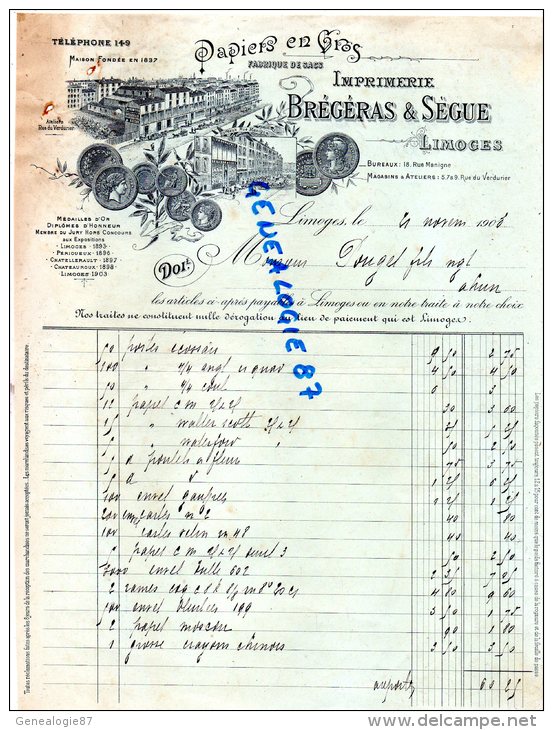 87 - LIMOGES -  IMPRIMERIE BREGERAS & SEGUE - FABRIQUE DE SACS PAPIERS- 18 RUE MAGNIGNE-RUE DU VERDURIER- 1903 - Druck & Papierwaren