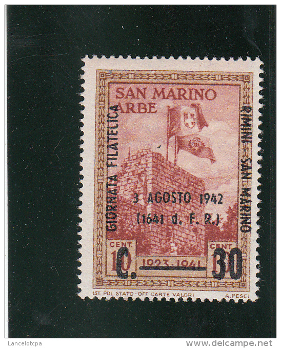 SAN MARINO ARBE / GIORNATA FILATELICA - 3 AGOSTO 1942 / 10c Surchargé 30c / PERFECT - Neufs