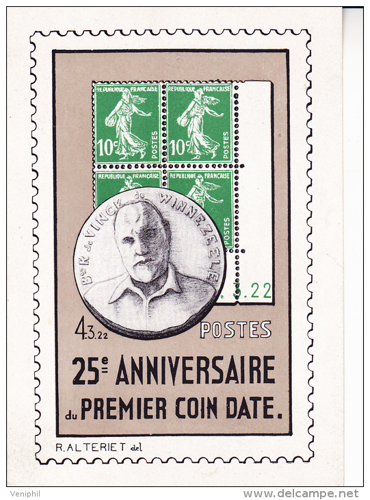 CARTE AVEC VIGNETTE 25 E ANNIVERSAIRE DU PREMIER COIN DATE  LYON 1947 - Briefmarkenmessen