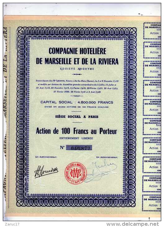 ACTION  COMPAGNIE HOTELIERE DE MARSEILLE ET DE LA RIVIERA 1948 - Toerisme