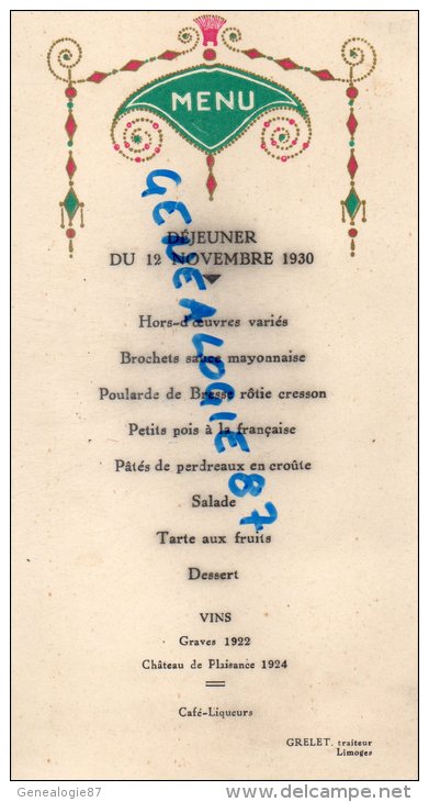 87 - LIMOGES - MENU CARTONNE RESTAURANT TRAITEUR GRELET - 12 NOVEMBRE 1930 - Menus