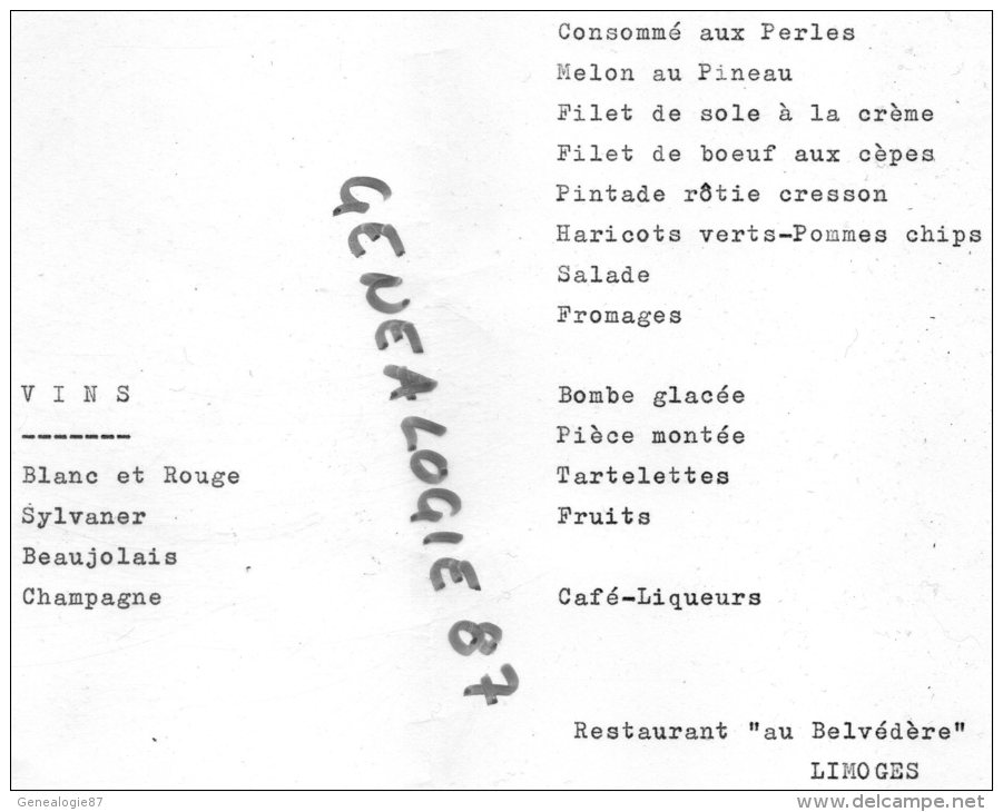 87 - LIMOGES - MENU CARTONNE RESTAURANT " AU BELVEDERE " MARIAGE JEAN CLAUDE & JOSIANE - 27 JUIN 1966- RENE BESSE - Menükarten