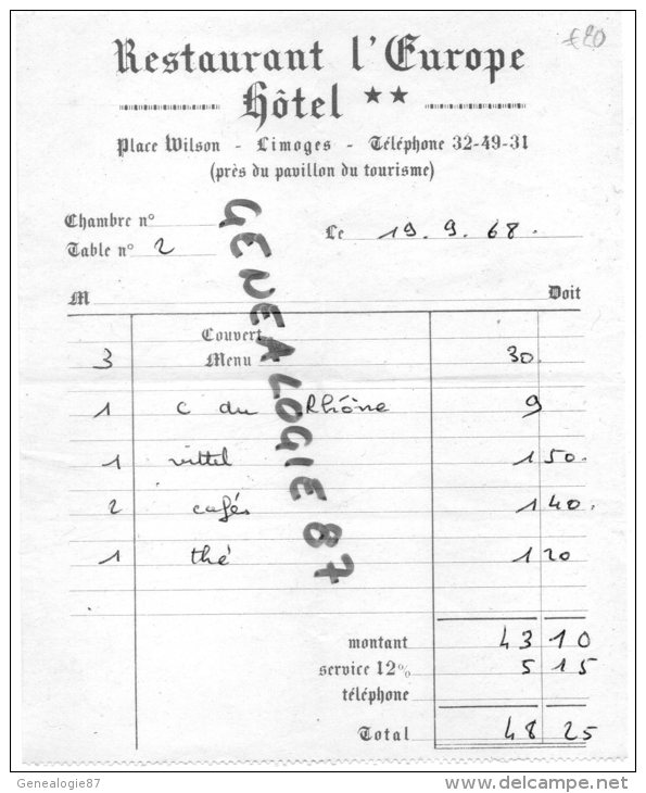 87 - LIMOGES -  MENU RESTAURANT " L' EUROPE  "  HOTEL - PLACE WILSON - 1968 - Menükarten