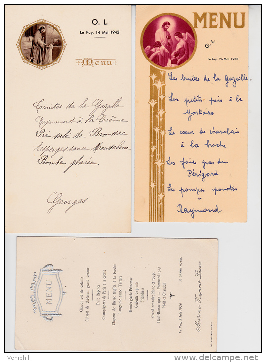 3 MENUS ANNEES 1926-1938-1942  TB - Menu