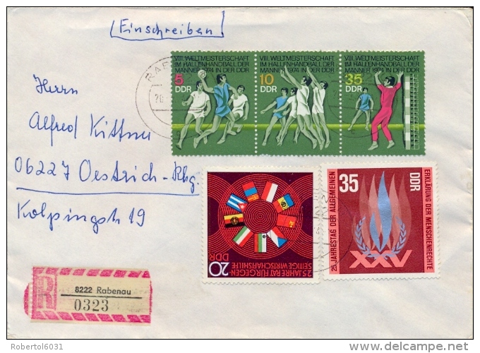 Germany DDR 1974 Registered Cover With Strip 5+10+35 Pf. Fieldball Championships + 20 Pf. Comecon + 35 Pf. Human Rights - Handbal