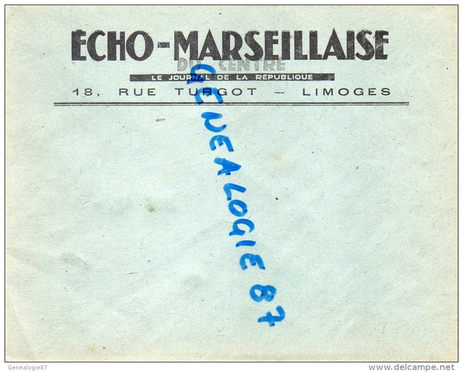 87- LIMOGES - ENVELOPPE ECHO MARSEILLAISE DU CENTRE - LE JOURNAL DE LA REPUBLIQUE 18 RUE TURGOT - Imprenta & Papelería