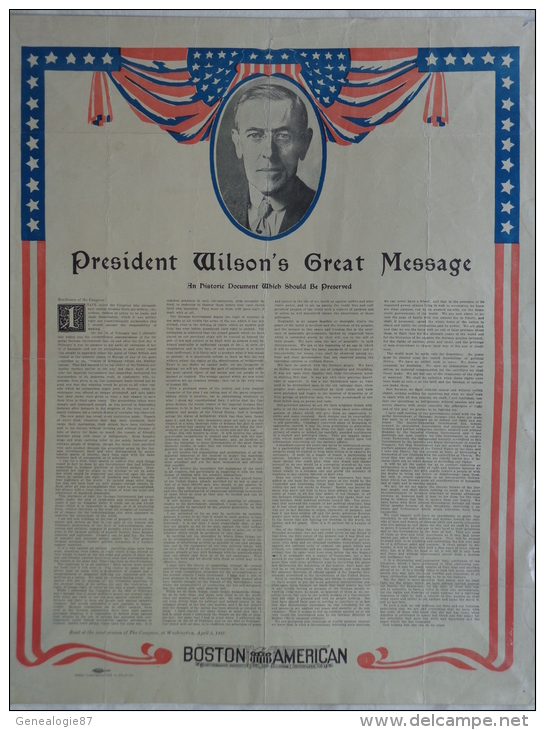 AFFICHE ORIGINALE - PRESIDENT WILSON 'S GREAT MESSAGE- SESSION OF THE CONGRESS WASHINGTON-2 APRIL 1917 - Affiches