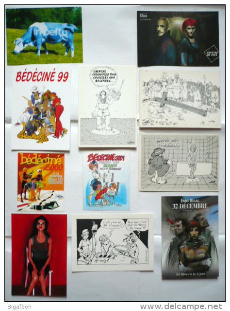 Lot 8 CP + 2 Autocollants BD  (WALTHÉRY, MARINI, BILAL, CAFFA, LEROUGE.../ TBE - Cartes Postales